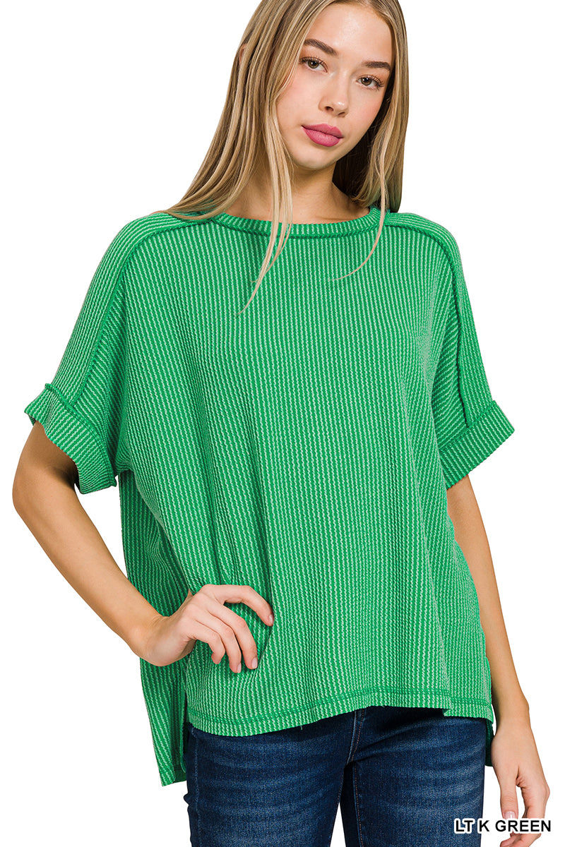 Zenana Corded Rib Cuff Sleeve Raw Edge Top