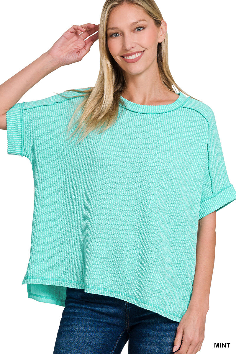 Zenana Corded Rib Cuff Sleeve Raw Edge Top