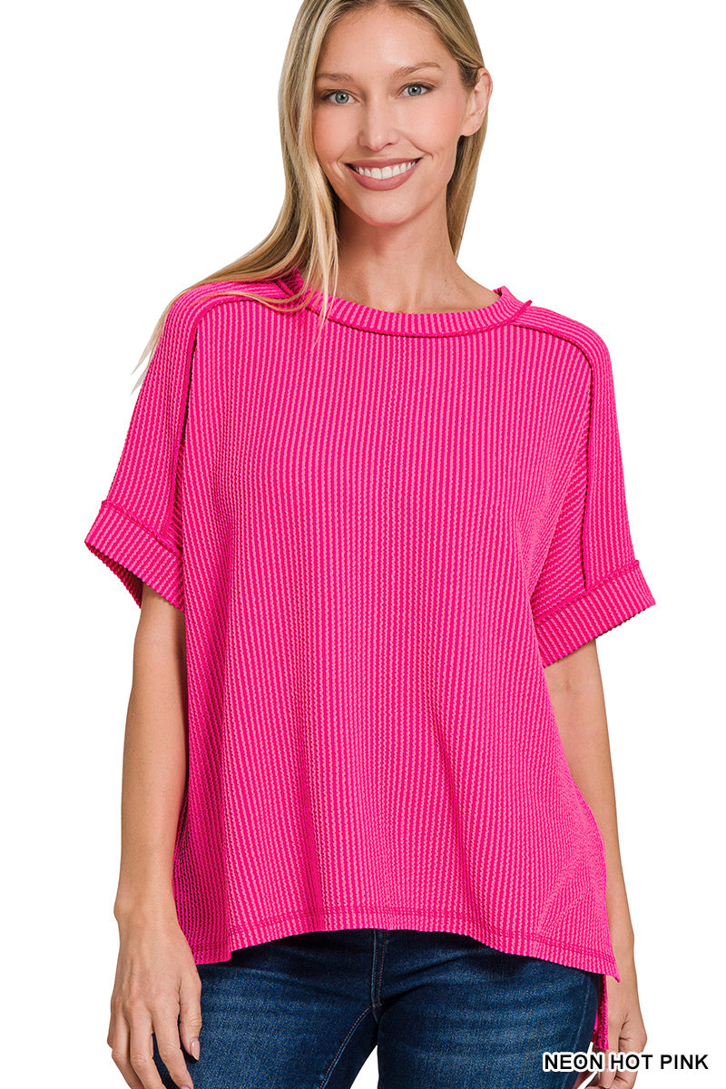 Zenana Corded Rib Cuff Sleeve Raw Edge Top