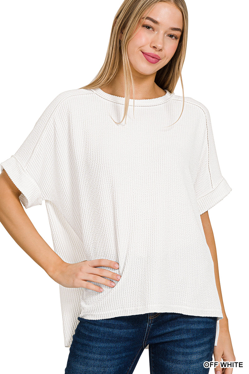 Zenana Corded Rib Cuff Sleeve Raw Edge Top