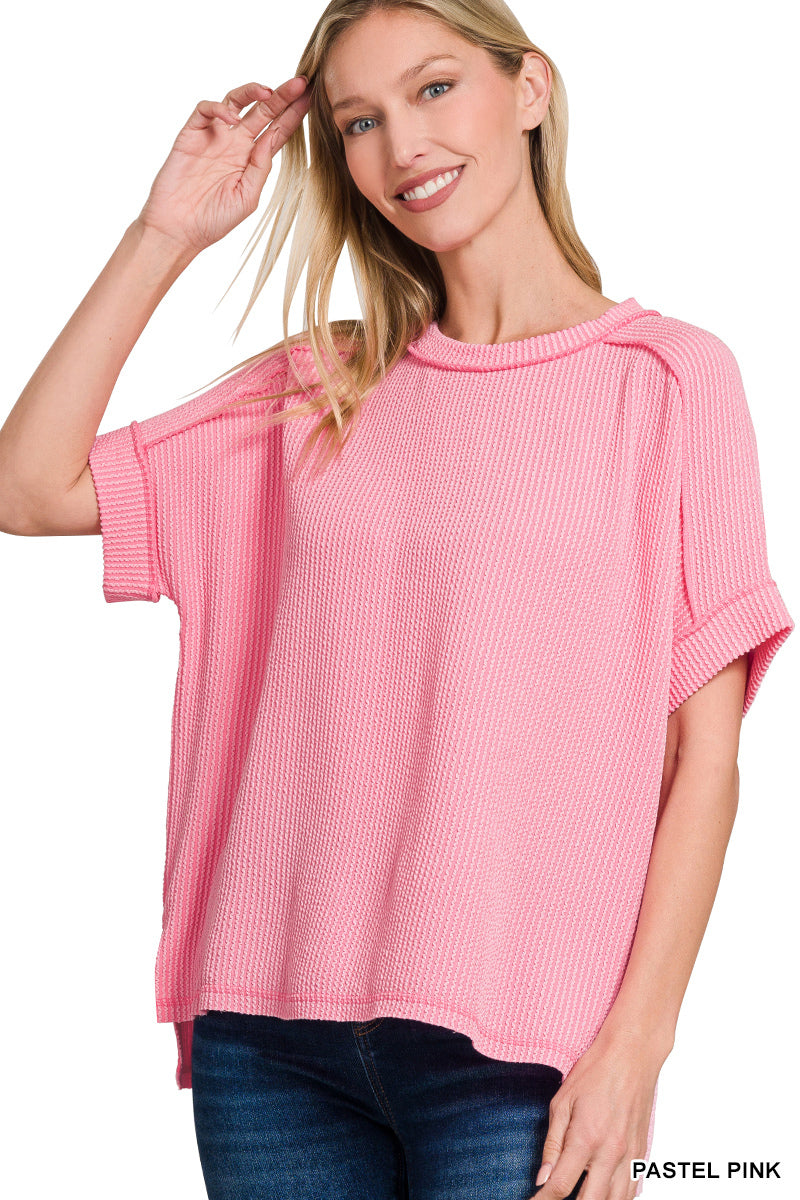 Zenana Corded Rib Cuff Sleeve Raw Edge Top