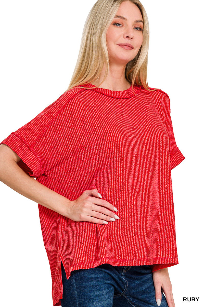 Zenana Corded Rib Cuff Sleeve Raw Edge Top