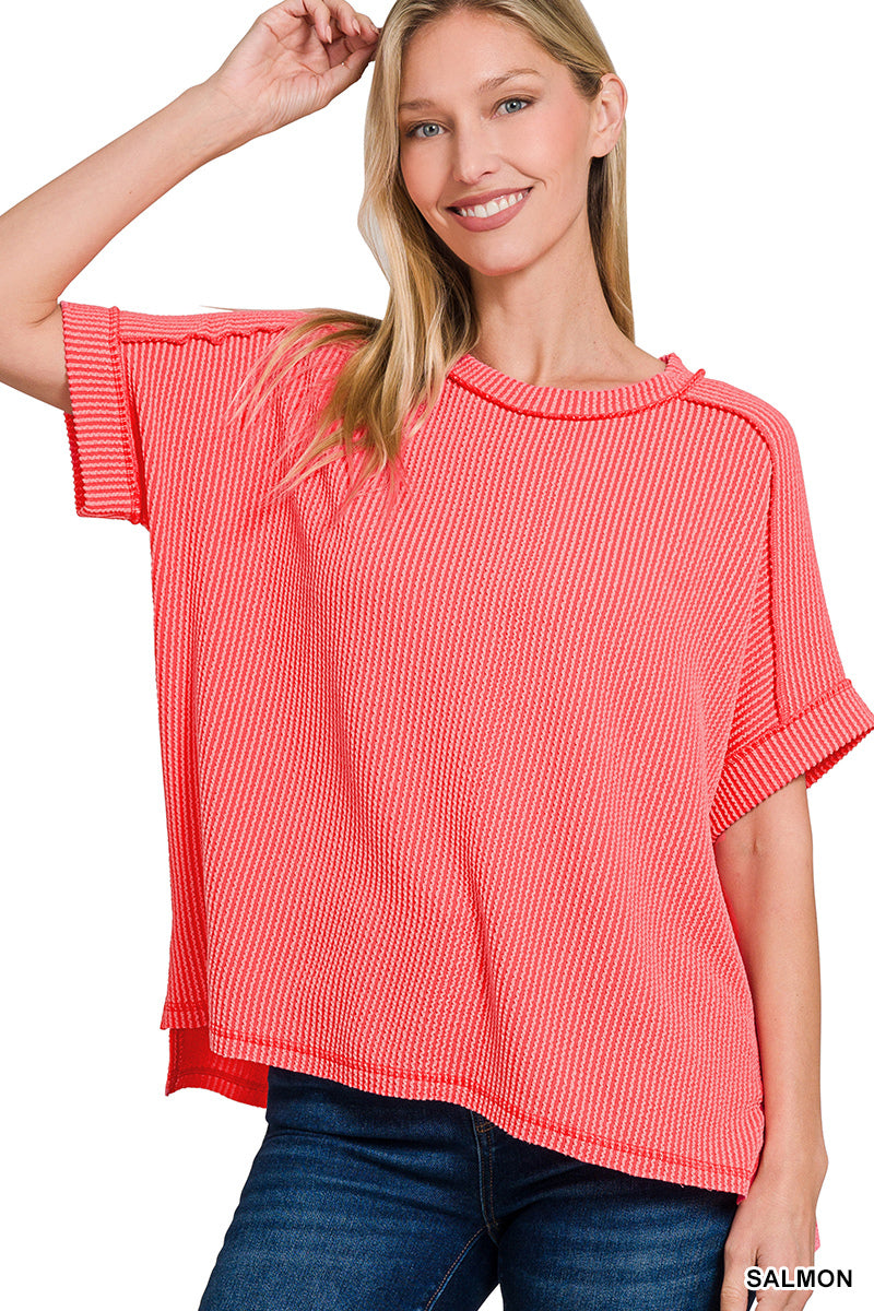 Zenana Corded Rib Cuff Sleeve Raw Edge Top