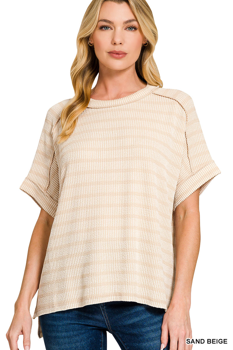 Zenana Raised Rib Striped Exposed Seam Top