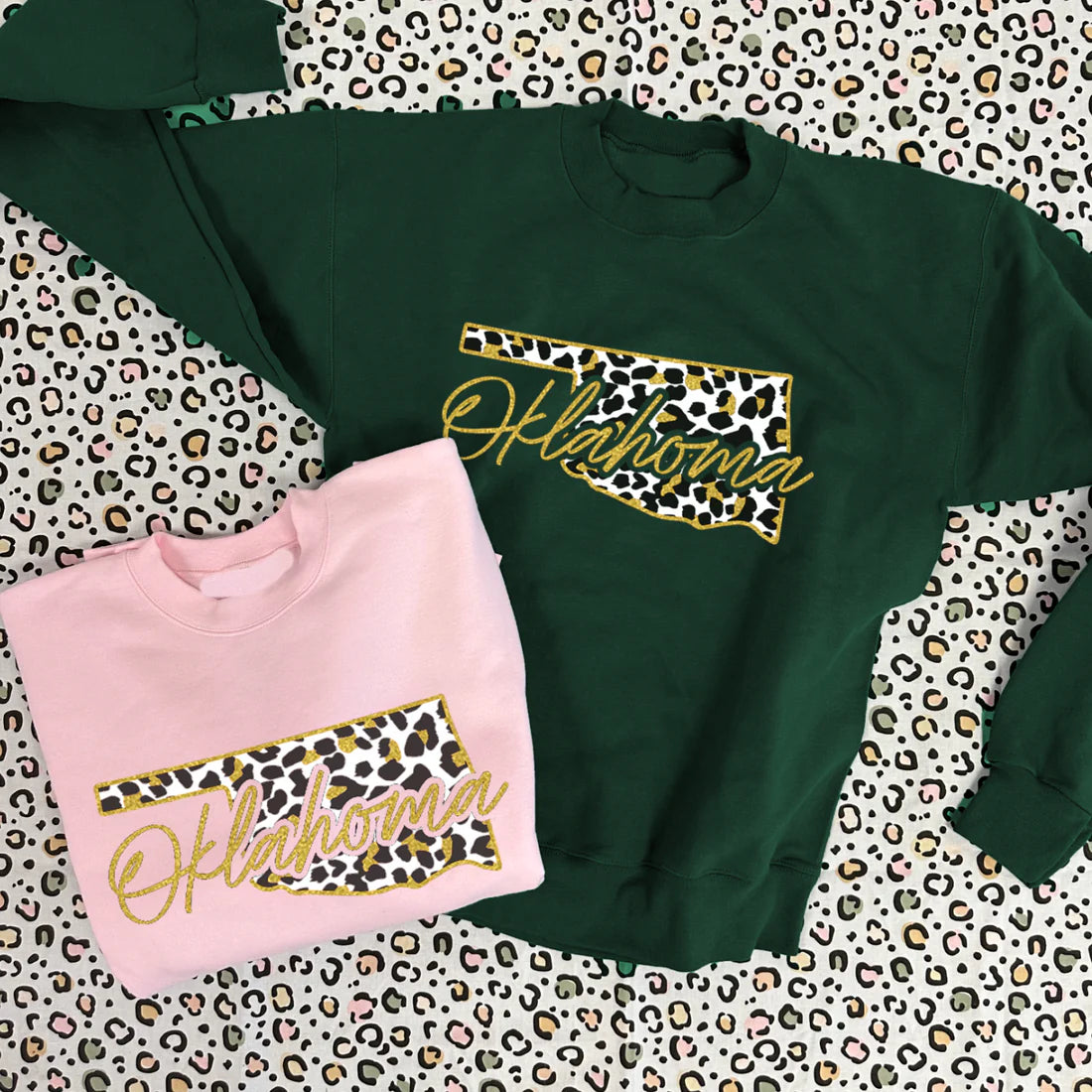 CJ OKLAHOMA GOLD SHIMMER LEOPARD GREEN SWEATSHIRT