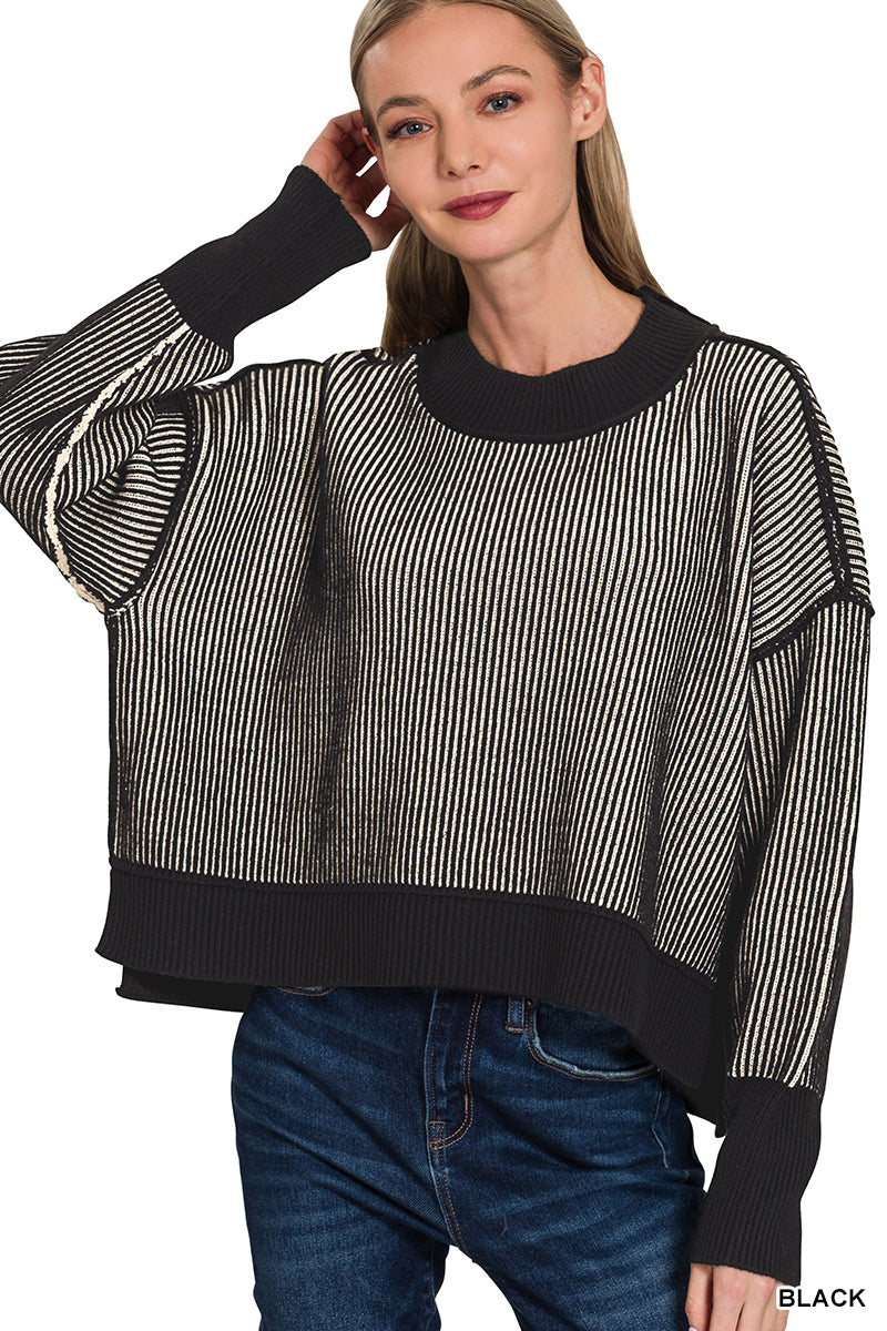 Zenana Crop Exposed Seam Two Tone Sweater