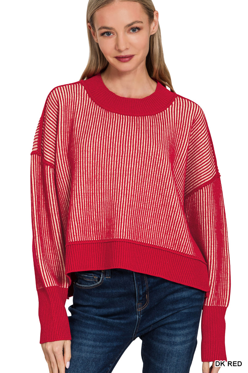 Zenana Crop Exposed Seam Two Tone Sweater