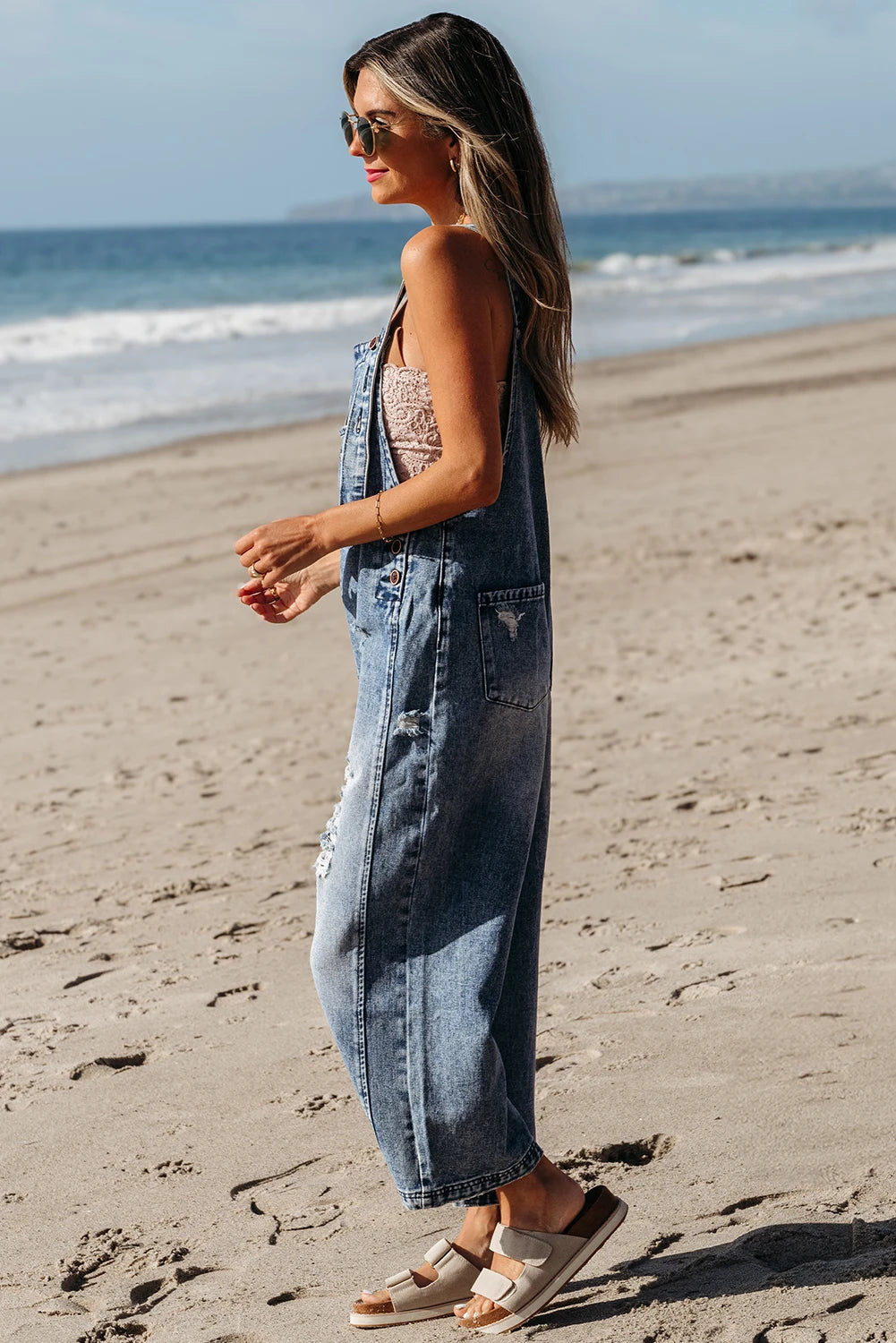 Blue Distressed Bib Pocket Wide Leg Denim Overall