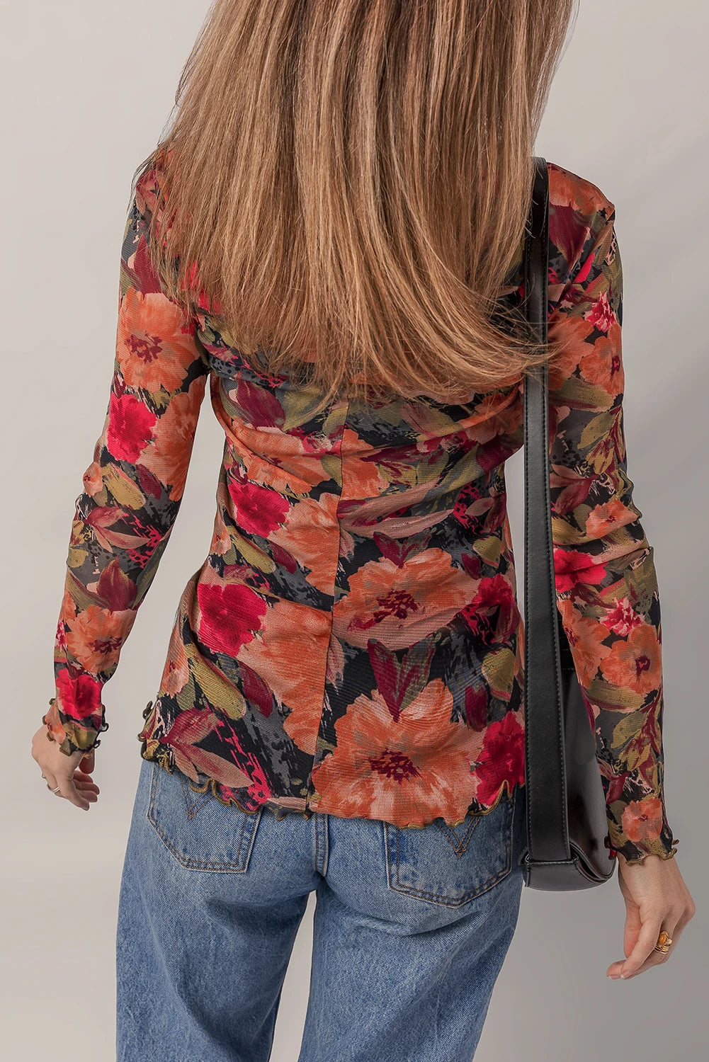 Floral Print Long Sleeve Mesh Top