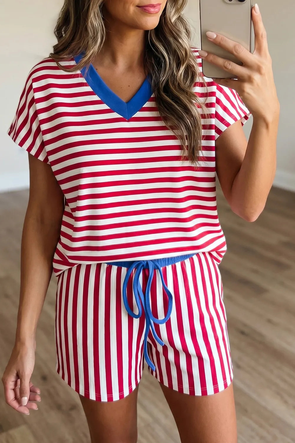 Red & Blue Stripe Contrast Short Set