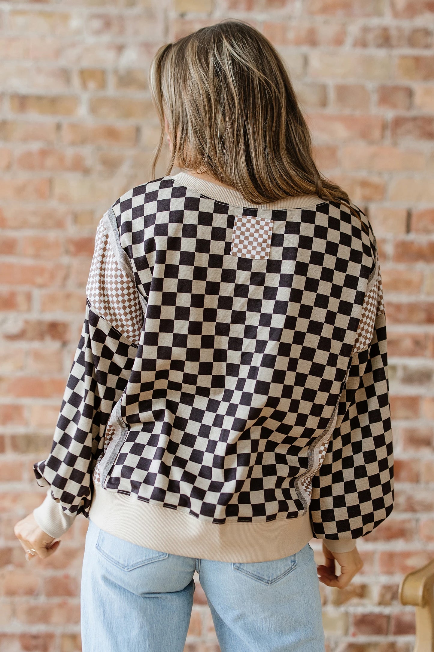 Khaki Mixed Checked Print Pullover Top