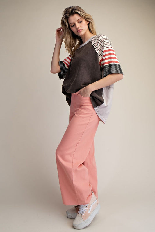 Earthy Mixed Print Washed Short Sleeve Top