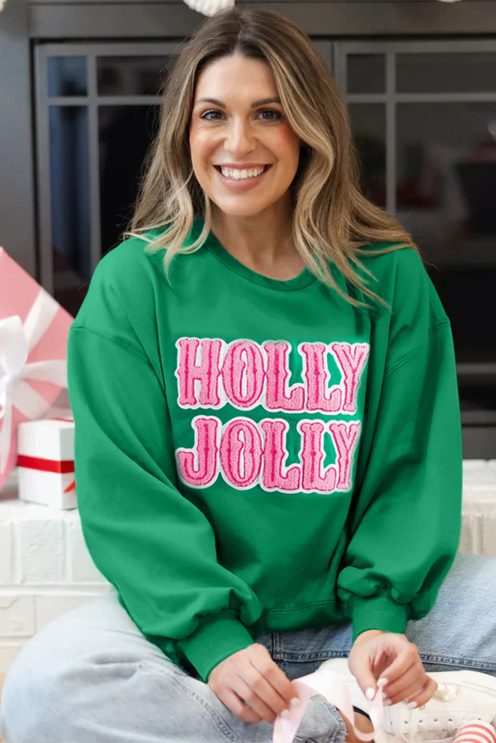 Holly Jolly Chenille Patch Sweatshirt Top