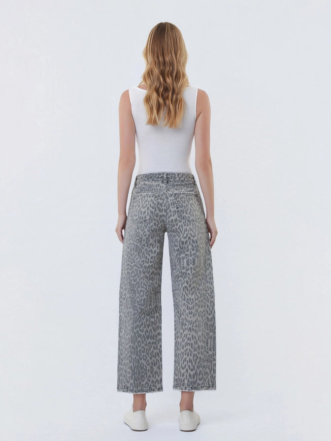 Vervet High Rise Leopard Print Drawstring Barrel Denim