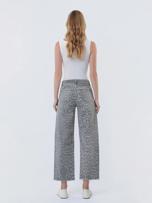 Vervet High Rise Leopard Print Drawstring Barrel Denim