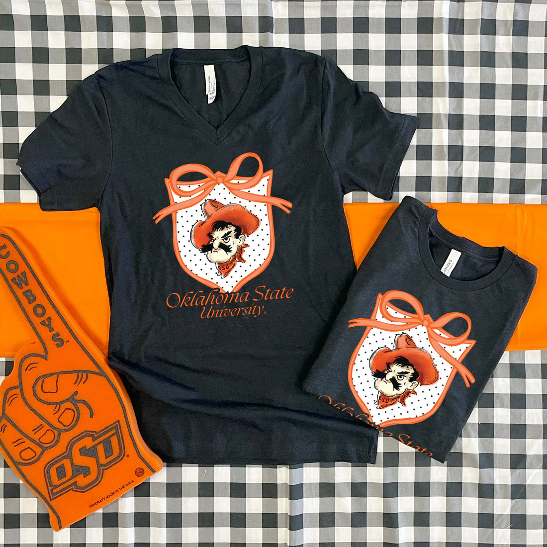 CJ OSU Polkadot Crest & Pistol Pete V-Neck Graphic Tee