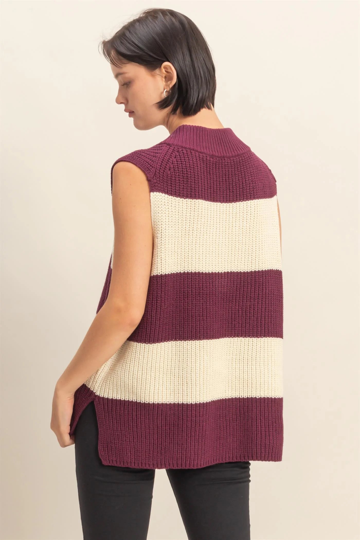 Striped V-Neck Side Slit Sweater Vest