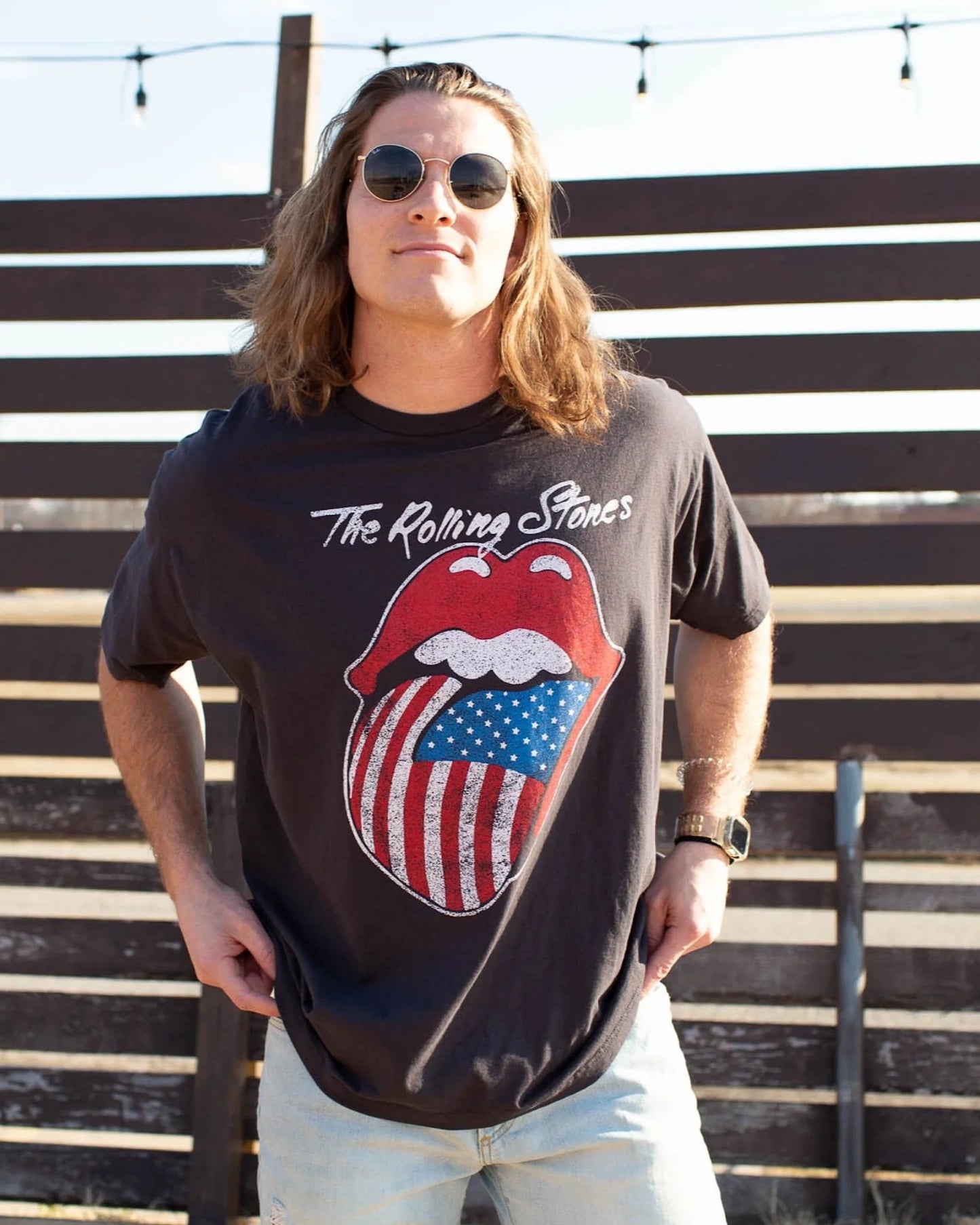 Rolling Stones USA Flag Lick Black Graphic Tee