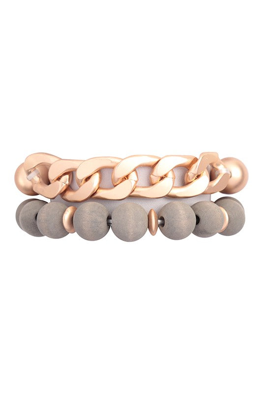 Wood Bead/Chain Stretch Bracelet Set