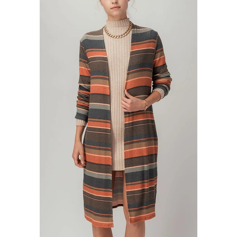 Striped Knit Longline Open Cardigan