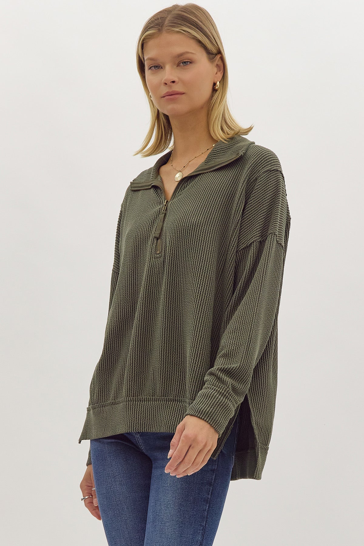 Entro Solid Ribbed Half-Zip Split Hem Top