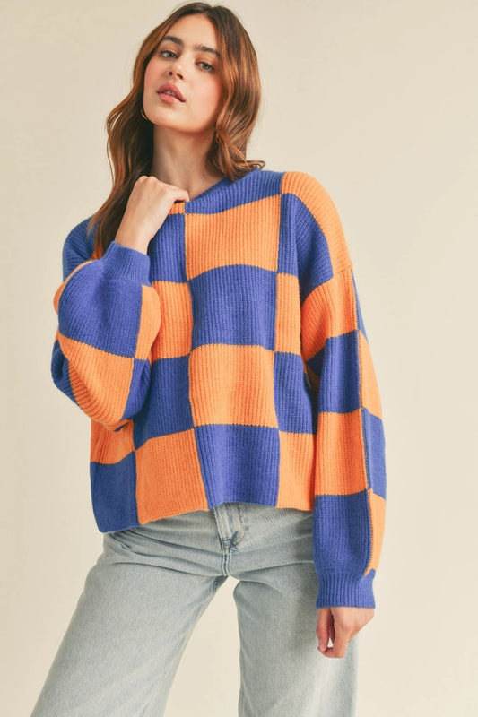 Oversized Checkered Long Sleeve Sweater Top
