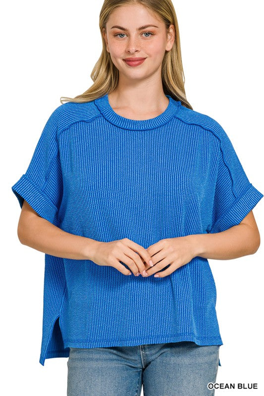 Zenana Corded Rib Cuff Sleeve Raw Edge Top