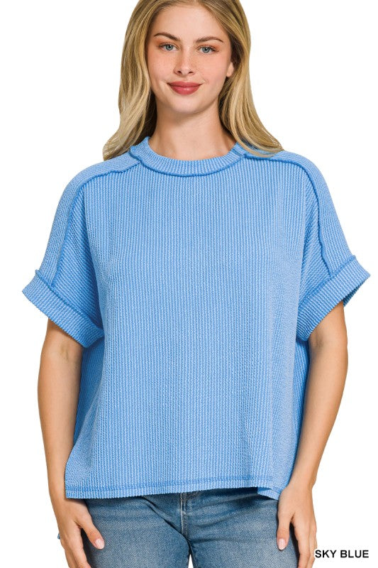 Zenana Corded Rib Cuff Sleeve Raw Edge Top