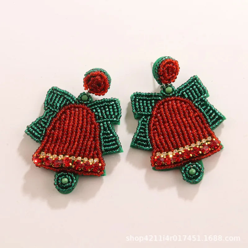 Christmas Bell Bow Seed Bead Earrings