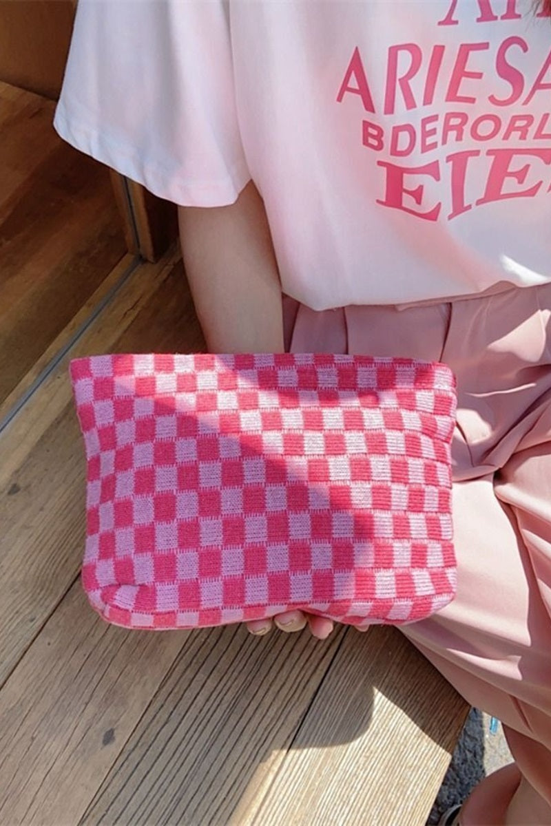 CHECKERED COSMETIC MAKEUP POUCH CLUTCH BAG