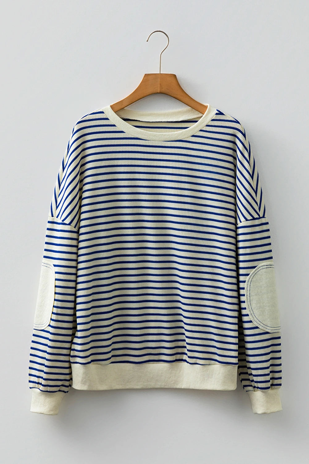 Blue Stripe Textured Elbow Patched Crew Neck Drop Shoulder Sweatshirt