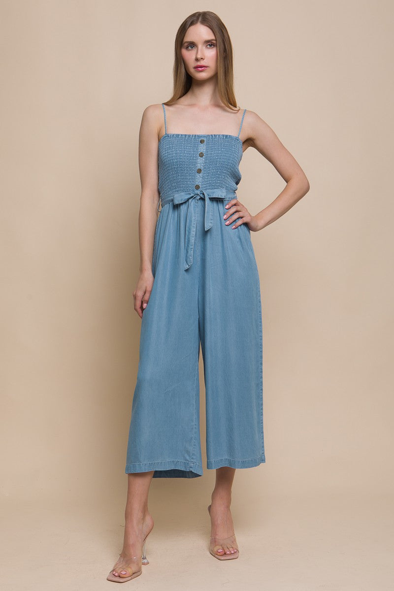 Woven Cami Buttoned Smocked Jumpsuit