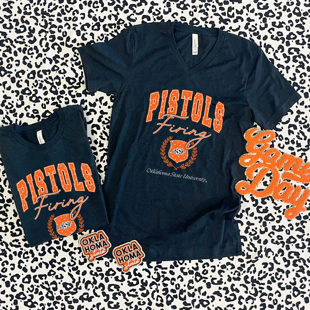 CJ OK State Pistols Firing Polkadot Vintage Collegiate V-Neck Graphic Tee
