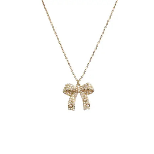 Gold Pearl Bow Necklace