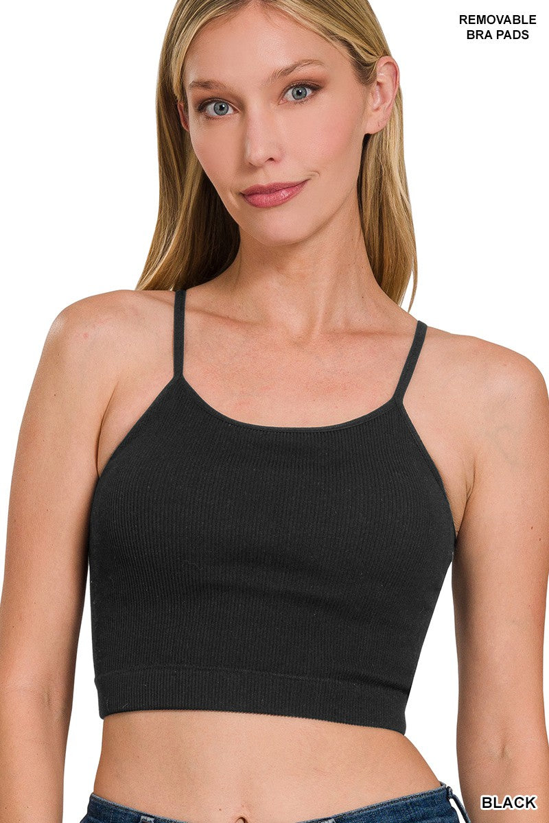 ZENANA RIBBED SEAMLESS CROPPED CAMI WITH BRA PADS
