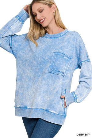 Zenana Acid Wash Raw Edge Front Pocket Pullover Top