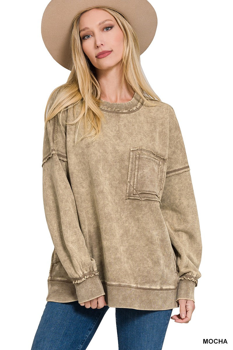 Zenana Acid Wash Raw Edge Front Pocket Pullover Top