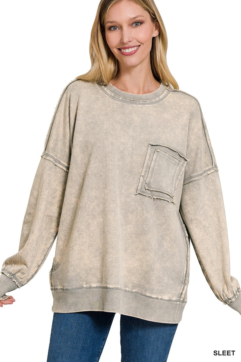 Zenana Acid Wash Raw Edge Front Pocket Pullover Top