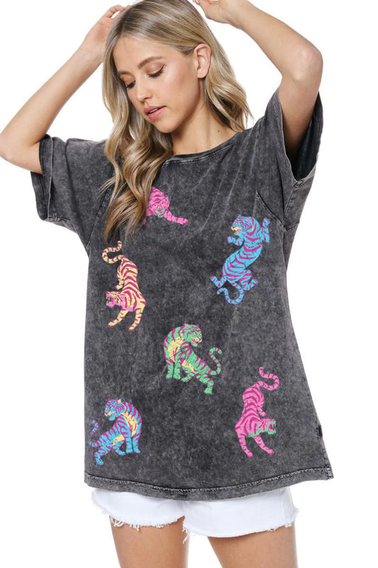 Multi Pastel Tigers Graphic S/S Washed Boyfriend Fit Tee