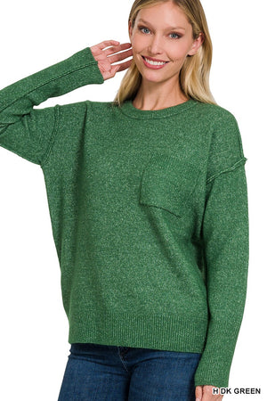 ZENANA MELANGE HI-LOW HEM POCKET ROUND NECK SWEATER