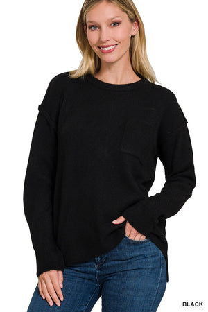 ZENANA MELANGE HI-LOW HEM POCKET ROUND NECK SWEATER