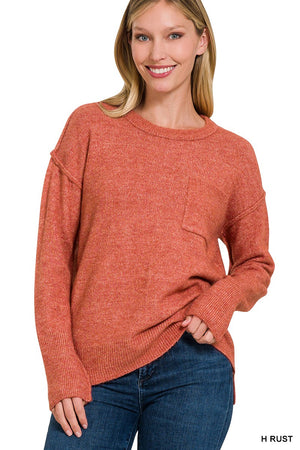ZENANA MELANGE HI-LOW HEM POCKET ROUND NECK SWEATER