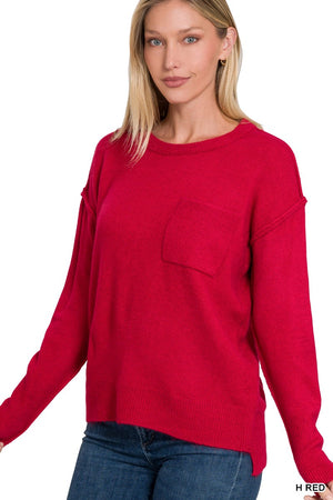 ZENANA MELANGE HI-LOW HEM POCKET ROUND NECK SWEATER