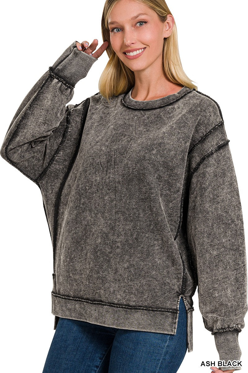 Zenana Acid Wash French Terry Exposed Seam Sweatshirt