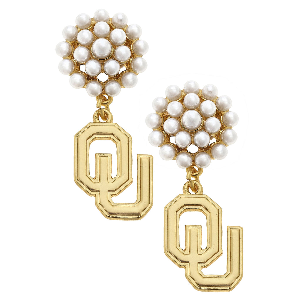 Oklahoma Sooners Pearl Cluster 24K Gold Plated Logo Earrings by Canvas Style