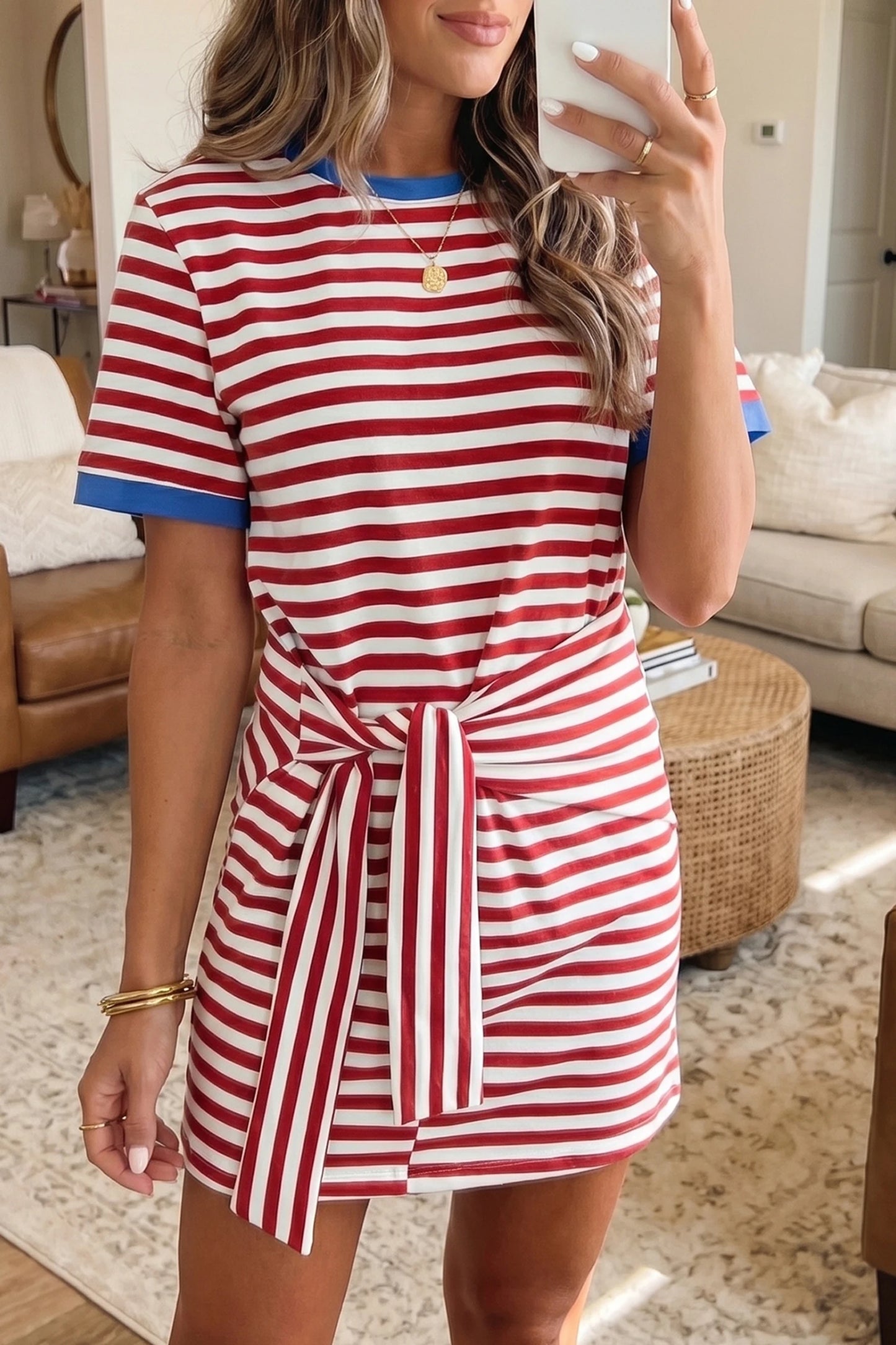 Red Stripe Front Tie Dress