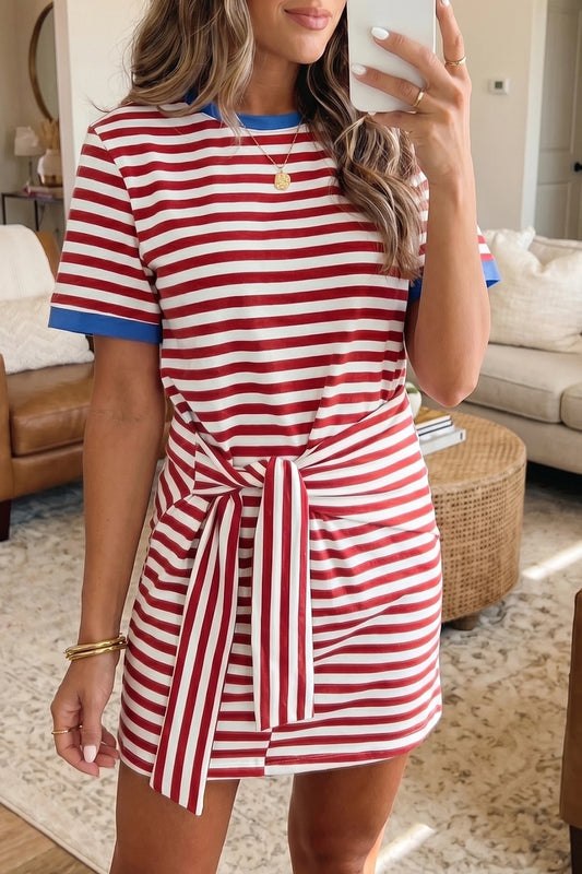 Red Stripe Front Tie Dress