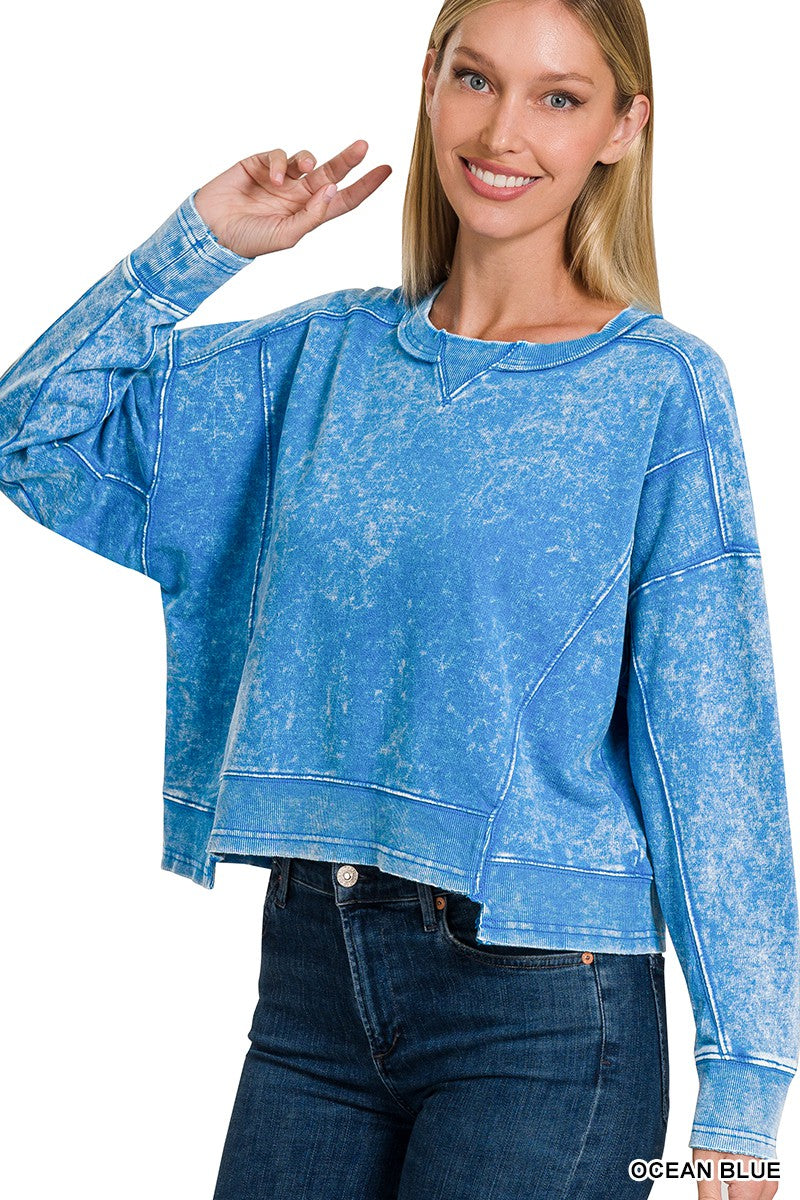 Zenana Acid Wash Crop Pullover