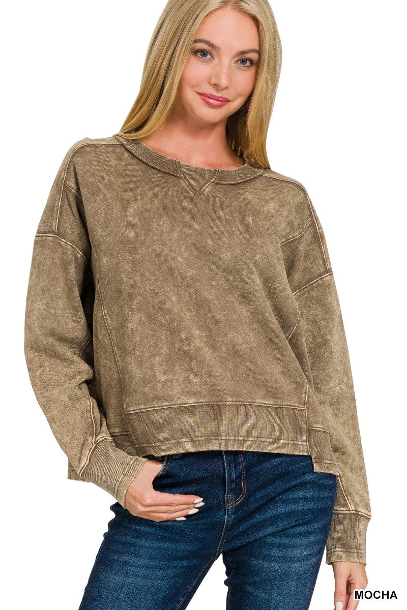 Zenana Acid Wash Crop Pullover