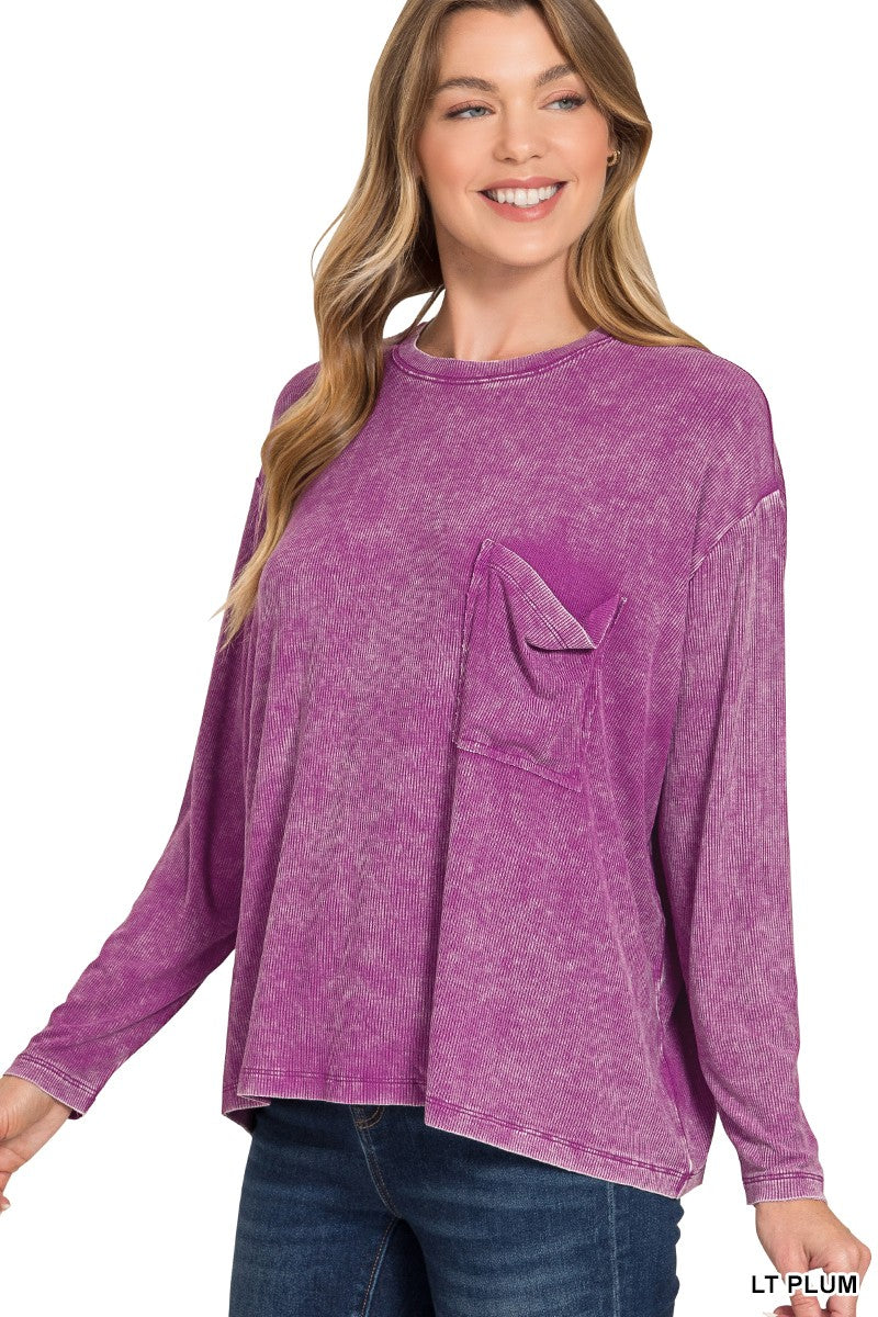 Zenana Washed Ribbed Dolman Long Sleeve Top